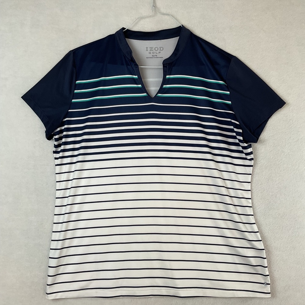 IZOD Golf Womens XL Navy Blue White Striped Split Neck Performance Top